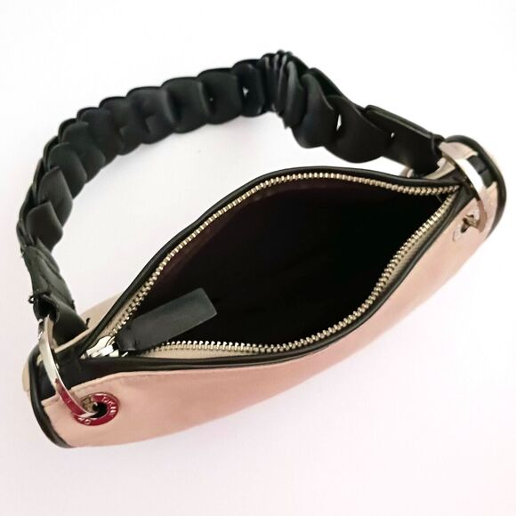 Y2K DKNY Hobo Shoulder Bag Cream Logo Fabric Dk Brown Leather Chunky Strap - Picture 6 of 8